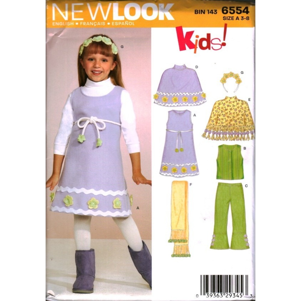 New Look 6554 Kids Sewing Pattern Dress Vest Pants Poncho Scarf Size 3-8 UNCUT